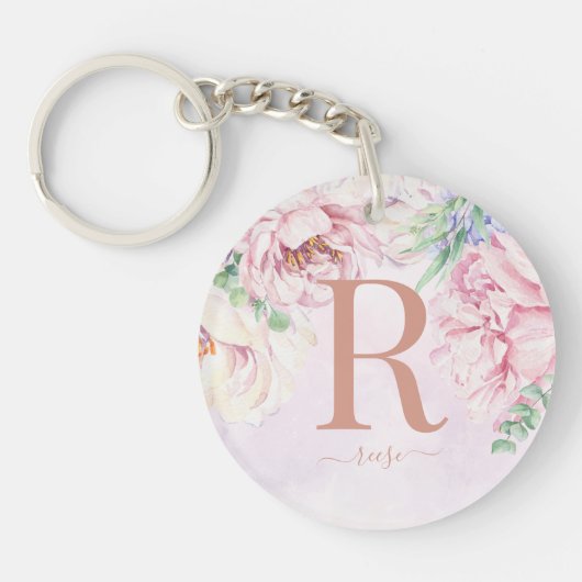 Floral monogram Waterverf Pastel Foto Sleutelhanger (Voorkant)