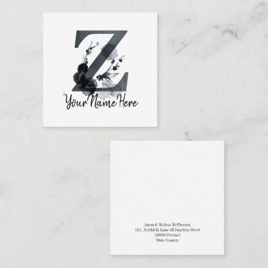 Floral Monogram Z Dark Herb Foliage Vierkante Visitekaartje (Voorkant / Achterkant)