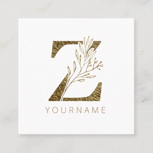 Floral Monogram Z Elegant Gold Foliage Vierkante Visitekaartje (Voorkant)
