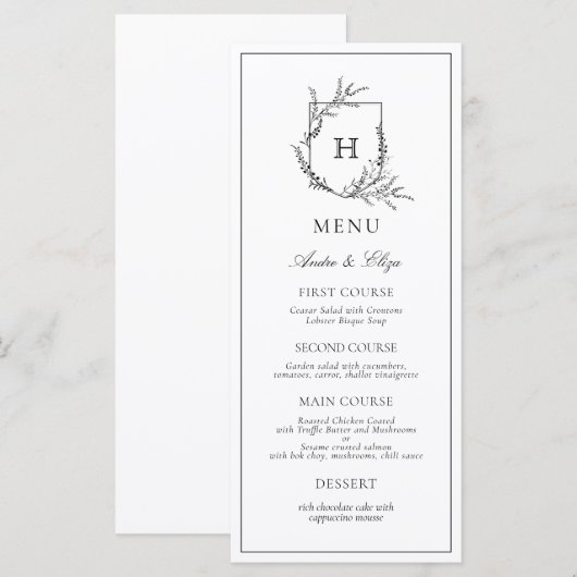 Floral Monogram Zwart-wit Bruiloft Menu (Voorkant / Achterkant)