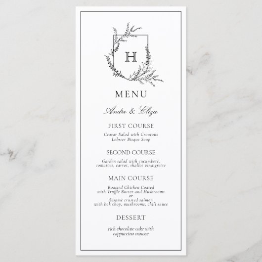Floral Monogram Zwart-wit Bruiloft Menu (Voorkant)