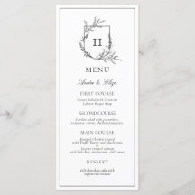 Floral Monogram Zwart-wit Bruiloft Menu
