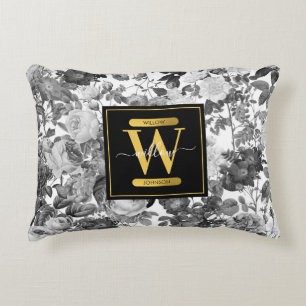 Floral monogram zwart, wit en  goud accent kussen