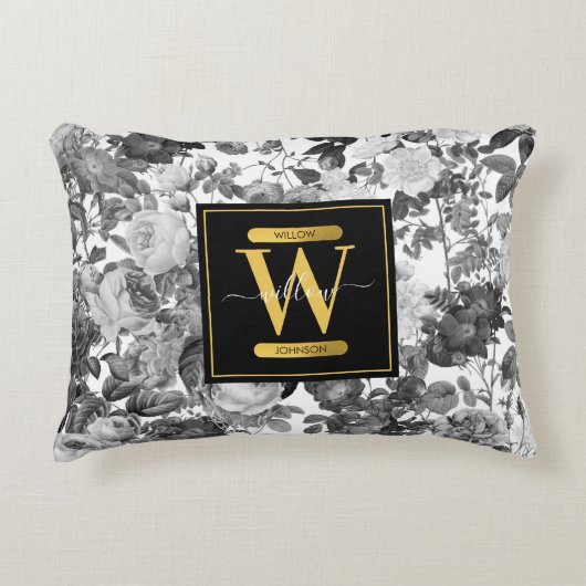 Floral monogram zwart, wit en  goud accent kussen (Voorkant)