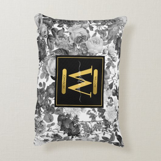 Floral monogram zwart, wit en  goud accent kussen (Achterkant (Verticaal))