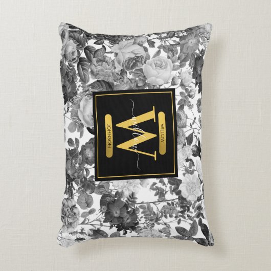 Floral monogram zwart, wit en  goud accent kussen (Voorkant(Verticaal))