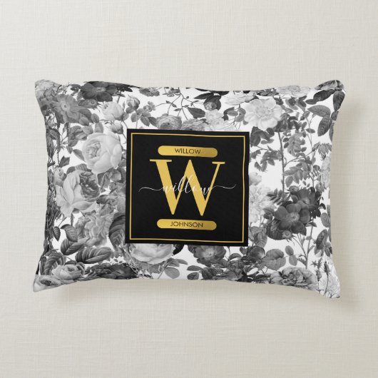 Floral monogram zwart, wit en  goud accent kussen (Achterkant)