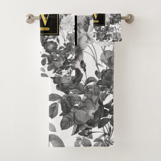 Floral monogram zwart, wit en  goud bad handdoek (Insitu)