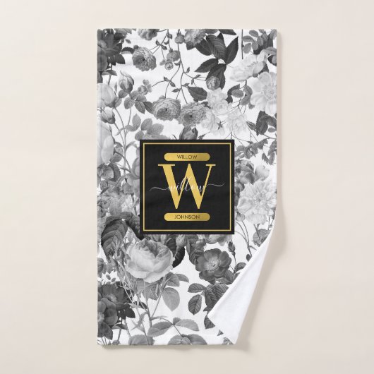Floral monogram zwart, wit en  goud bad handdoek (Handdoek)