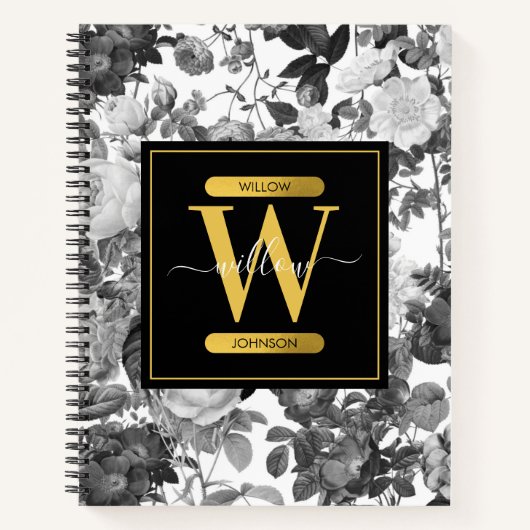 Floral monogram zwart, wit en  goud notitieboek (Voorkant)