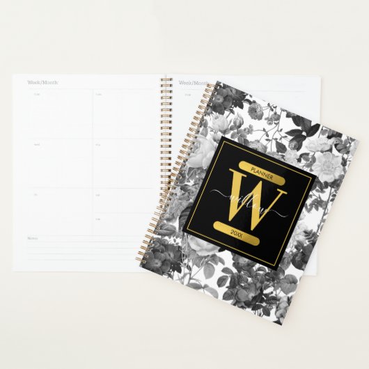 Floral monogram zwart, wit en  goud planner (Display)