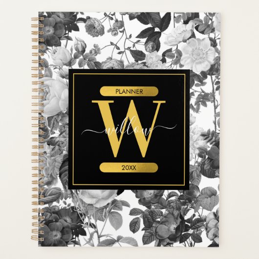 Floral monogram zwart, wit en  goud planner (Voorkant)