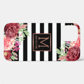Floral Monogram Zwart Wit Gestreept Roos Goud Case-Mate iPhone Case (Achterkant (horizontaal))
