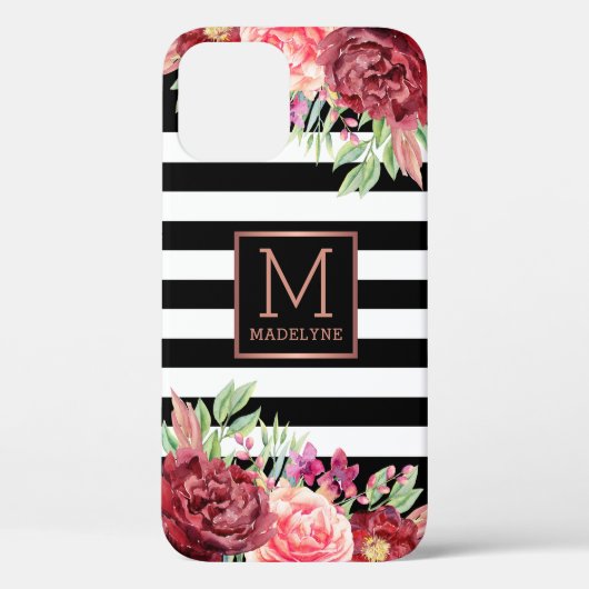 Floral Monogram Zwart Wit Gestreept Roos Goud Case-Mate iPhone Case (Achterkant)