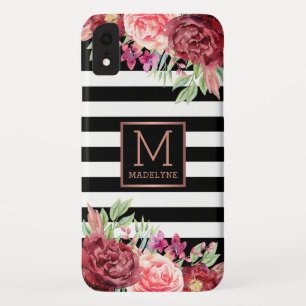 Floral Monogram Zwart Wit Gestreept Roos Goud Case-Mate iPhone Case