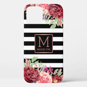 Floral Monogram Zwart Wit Gestreept Roos Goud Case-Mate iPhone Case