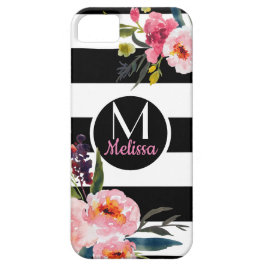 Floral - Monogram zwarte en witte strepen Case-Mate iPhone Case