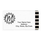 Floral monogram zwarte & witte streep etiket (Voorkant)