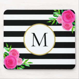 Floral monogram zwarte witte stripper Waterverf Muismat