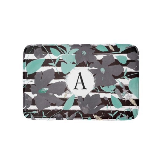 Floral Monogramed Grey Mint Stripe Pattern Badmat (Voorkant)