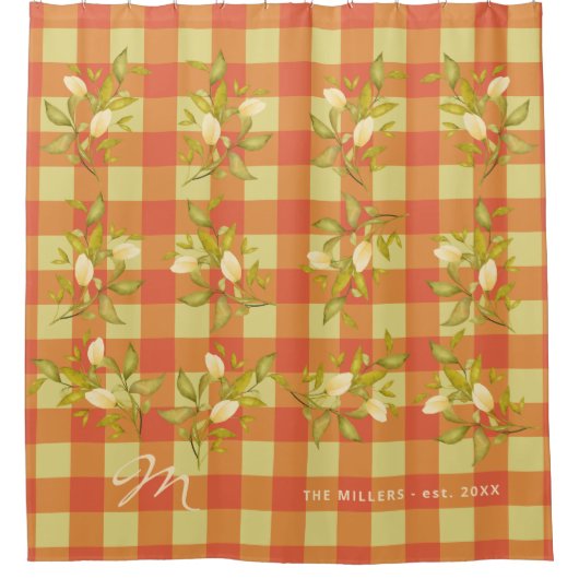 Floral monogrammatica naam rustic oranje gingham douchegordijn (Voorkant)