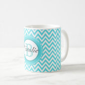 Floral Monogrammed Turquoise Blue Chevron Pattern Koffiemok (Voorkant rechts)