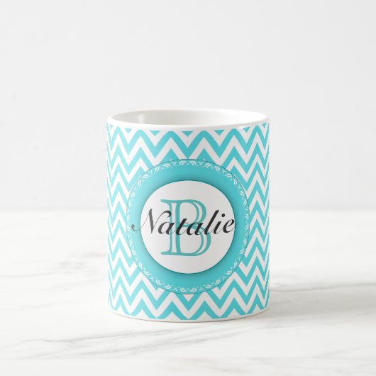 Floral Monogrammed Turquoise Blue Chevron Pattern Koffiemok (Center)