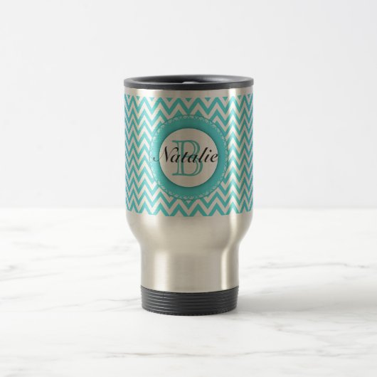 Floral Monogrammed Turquoise Blue Chevron Pattern Reisbeker (Center)