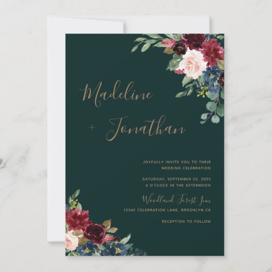 Floral Moody Emerald Green Jewel Tone Wedding Kaart (Voorkant)