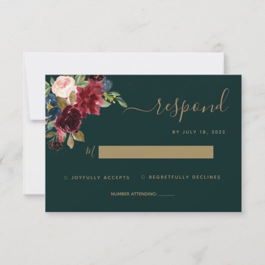 Floral Moody Emerald Green Jewel Tone Wedding RSVP (Voorkant)