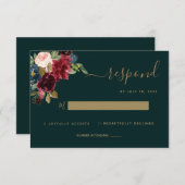 Floral Moody Emerald Green Jewel Tone Wedding RSVP (Voorkant / Achterkant)
