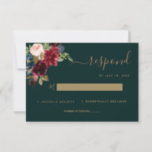 Floral Moody Emerald Green Jewel Tone Wedding RSVP