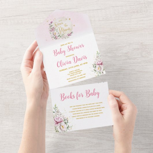 Floral Moon Baby shower All In One Uitnodiging (Afscheurbaar)