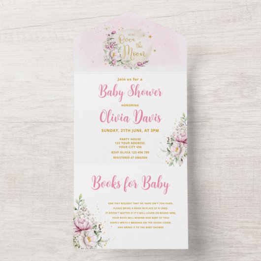 Floral Moon Baby shower All In One Uitnodiging (Binnen)