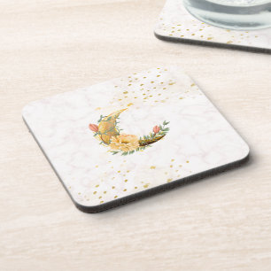 Floral Moon, Beige en Geel Graphic Bier Onderzetter