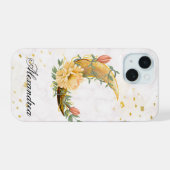 Floral Moon, Beige en Geel Graphic iPhone 15 Case (Achterkant horizontaal)