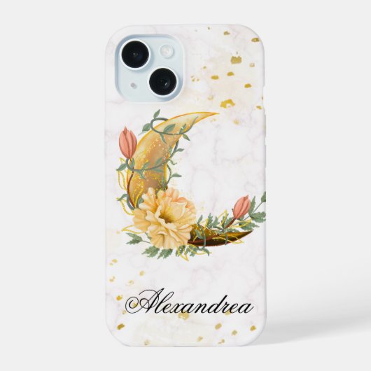 Floral Moon, Beige en Geel Graphic iPhone 15 Case (Achterkant)