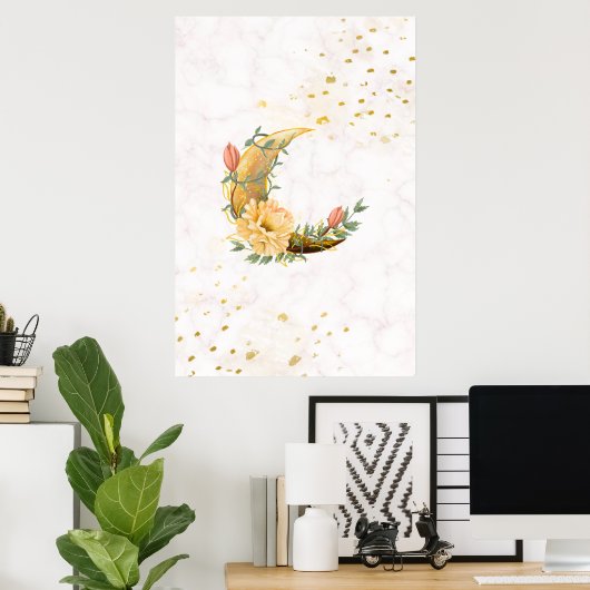 Floral Moon, Beige en Geel Graphic Poster (Thuiskantoor)