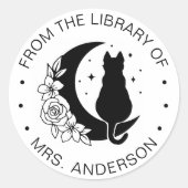 Floral Moon Kat Boek Bibliotheek Leraar Ronde Sticker (Voorkant)