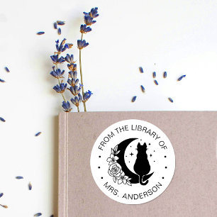 Floral Moon Kat Boek Bibliotheek Leraar Ronde Sticker