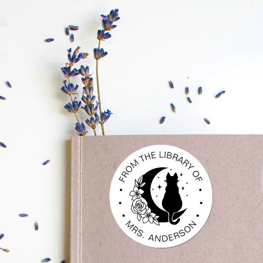 Floral Moon Kat Boek Bibliotheek Leraar Ronde Sticker