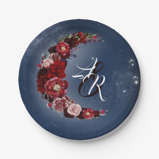 Floral Moon | Marine en Bourgondische bruiloft Papieren Bordje (Voorkant)