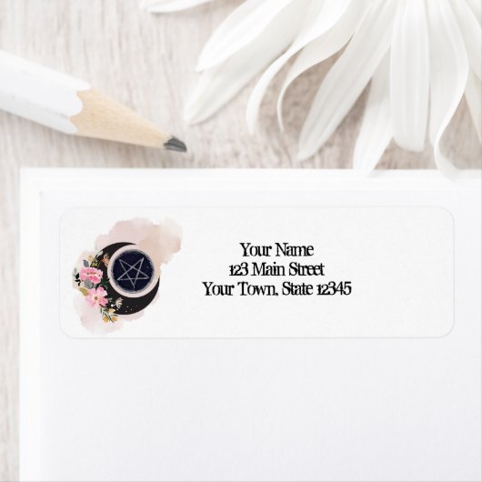 Floral Moon Pentacle met roze bloemen Etiket (Insitu)