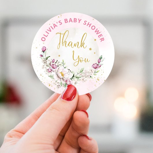 Floral Moon Pink Baby shower Dank u Ronde Sticker