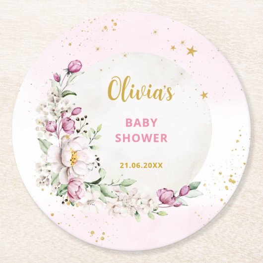 Floral Moon roze Baby shower Ronde Kartonnen Onderzetter (Voorkant)
