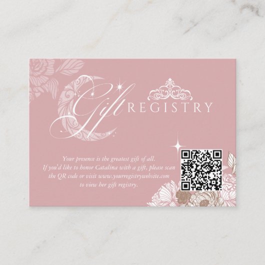 Floral Moon Star Quinceañera QR Code Gift Registry Informatiekaartje (Voorkant)