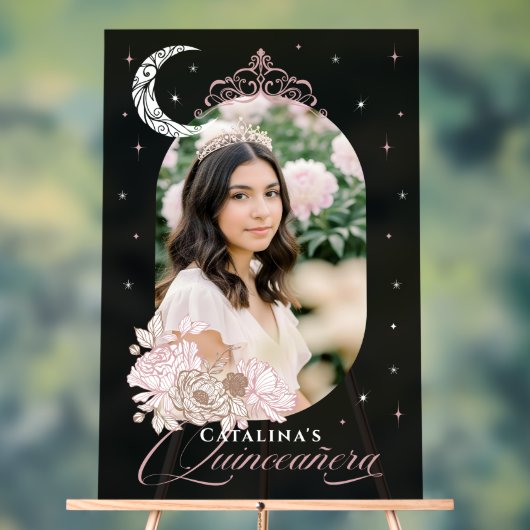 Floral Moon Stars Tiara Photo Quinceañera Welcome Acryl Bord (Neutraal)
