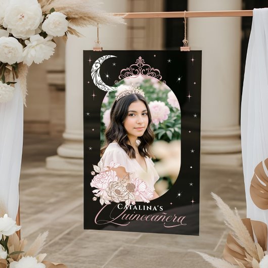 Floral Moon Stars Tiara Photo Quinceañera Welcome Acryl Bord