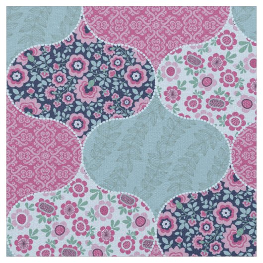 Floral Moroccan Pattern Blauwgroen en frambozen Stof (Close Up)