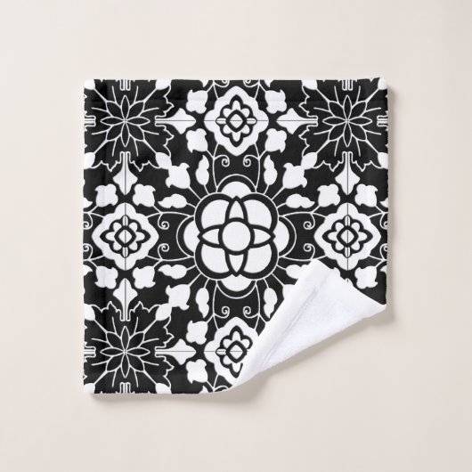 Floral Moroccan Tile, Black and White Bad Handdoek (Wasdoekje)